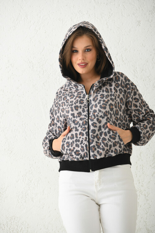 Bej Kapüşonlu Leopar Baskılı Sweatshirt