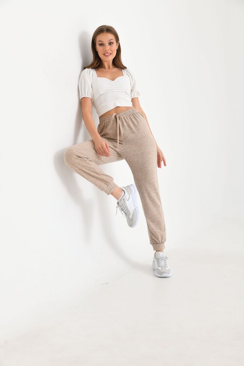 Beige High Waist Elastic and Tie Detail Soft Knitted Sweatpants