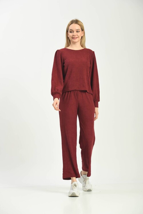 Bordo Örme Havlu Kumaş Pijama Takımı