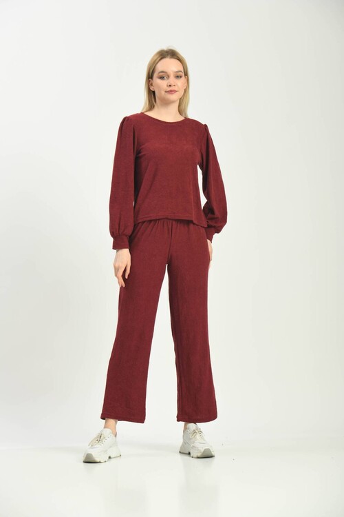 Bordo Örme Havlu Kumaş Pijama Takımı