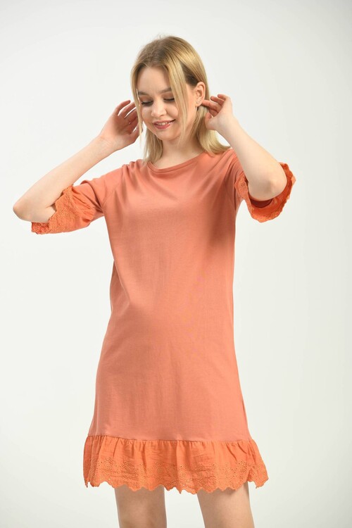 Camel Ruffle And Lace Knitted Dress