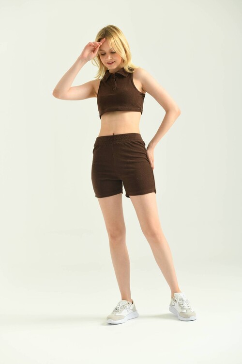 Çikolata Kolsuz Havlu Kumaş Alt-Üst Takım