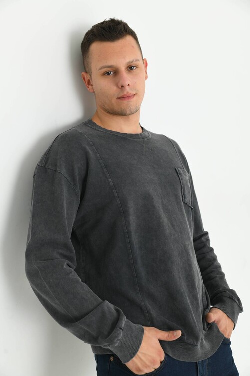 Men Anthracite Pocket and Seam Detail Acid Wash Sweatshirt