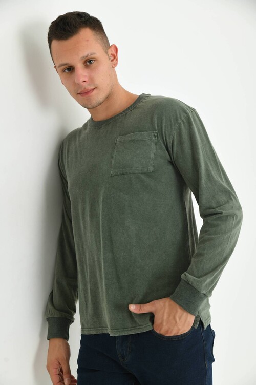 Men Khaki Acid Wash Pocket Detail Long Sleeve T-Shirt