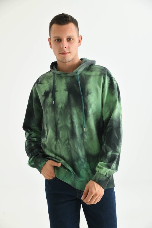 Erkek Haki Batik Desen Sırt Baskılı Kapüşonlu Sweatshirt