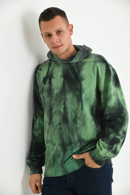 Erkek Haki Batik Desen Sırt Baskılı Kapüşonlu Sweatshirt