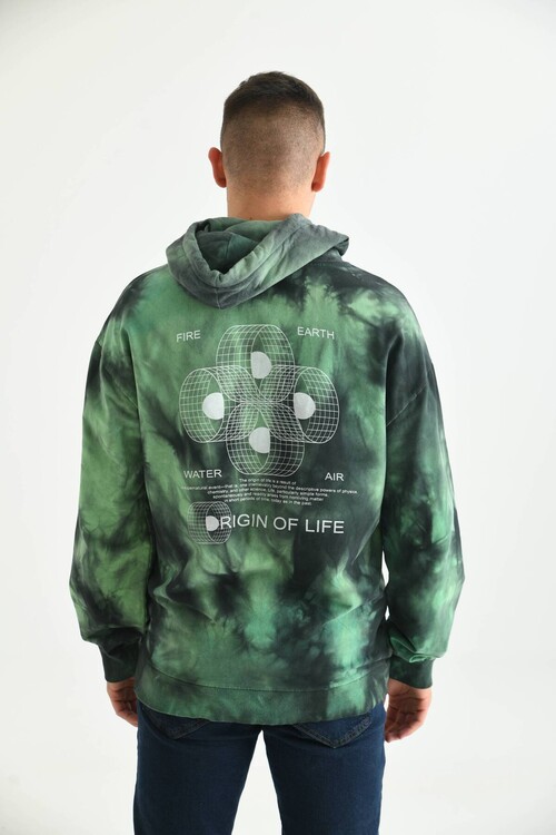 Erkek Haki Batik Desen Sırt Baskılı Kapüşonlu Sweatshirt