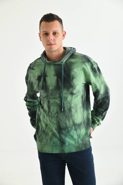 Erkek Haki Batik Desen Sırt Baskılı Kapüşonlu Sweatshirt