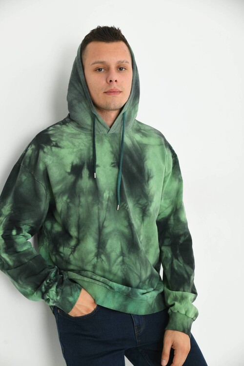 Erkek Haki Batik Desen Sırt Baskılı Kapüşonlu Sweatshirt