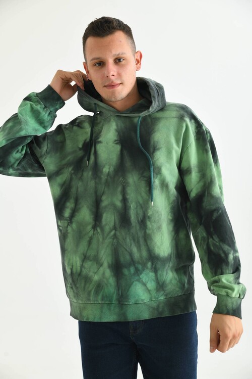 Erkek Haki Batik Desen Sırt Baskılı Kapüşonlu Sweatshirt