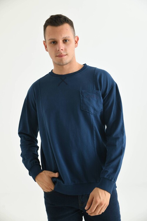 Men Navy Blue Pocket and Stitching Detail Acid Wash Sweatshirt