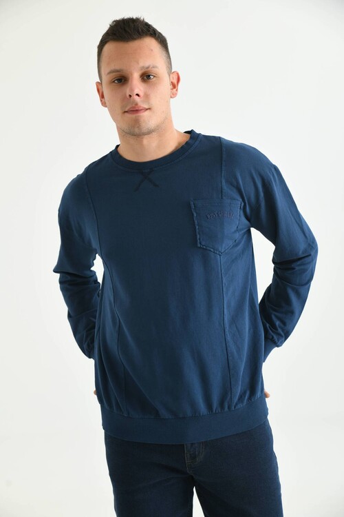 Men Navy Blue Pocket and Stitching Detail Acid Wash Sweatshirt