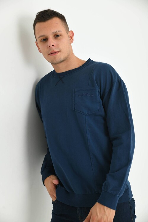 Men Navy Blue Pocket and Stitching Detail Acid Wash Sweatshirt