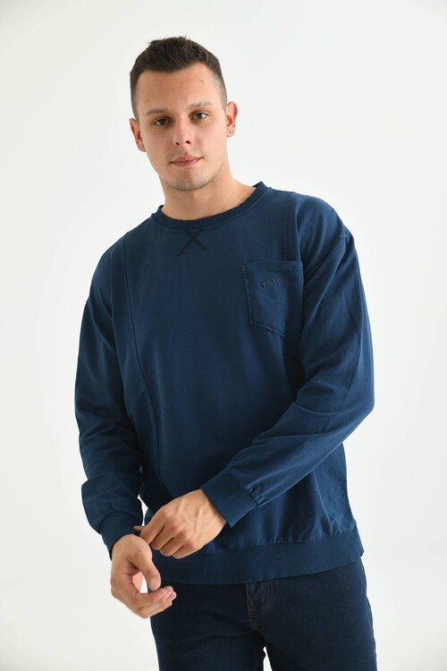 Men Navy Blue Pocket and Stitching Detail Acid Wash Sweatshirt