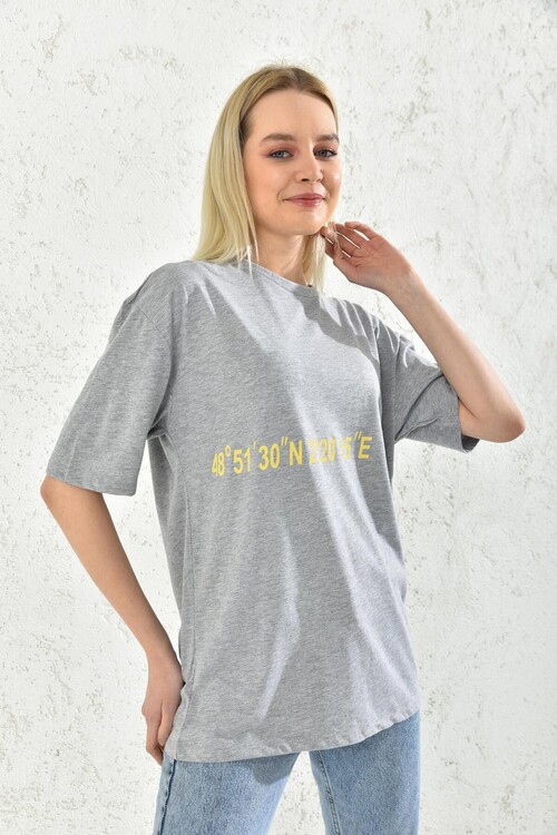 Gri Baskı Detay Kısa Kollu T-Shirt