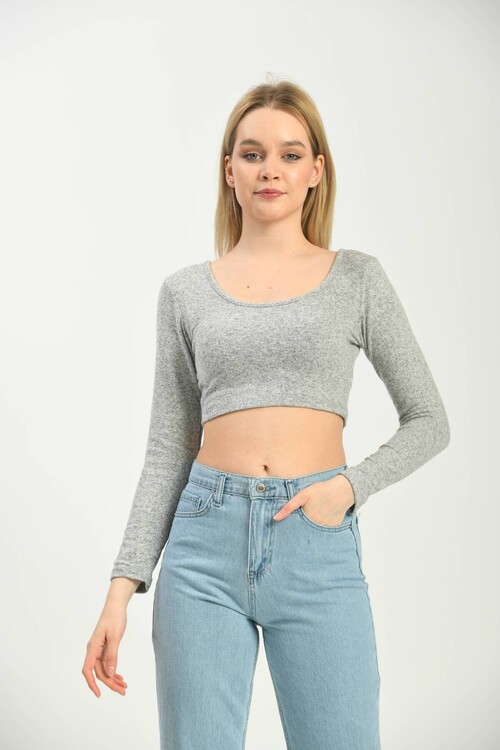 Gray U Neck Long Sleeve Sport Blouse