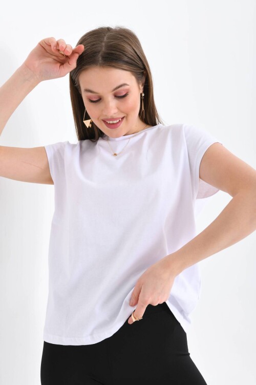 Kadın Beyaz Düşük Kol Pamuklu Örme T-Shirt