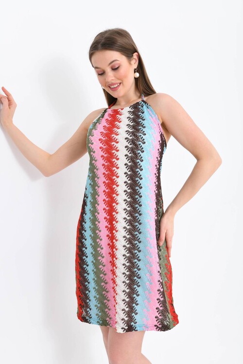 Kadın Çok Renkli Kroket Kumaş Boyundan Bağlamalı Yazlık Elbise