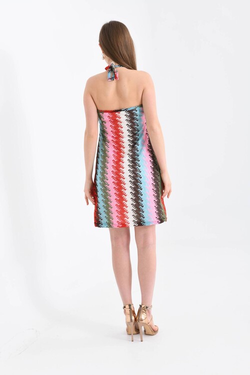 Kadın Çok Renkli Kroket Kumaş Boyundan Bağlamalı Yazlık Elbise