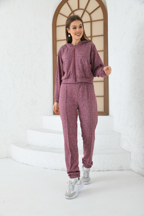 Woman Purple Hooded Waist and Leg Elastic Stripe Detailed Tracksuit Set