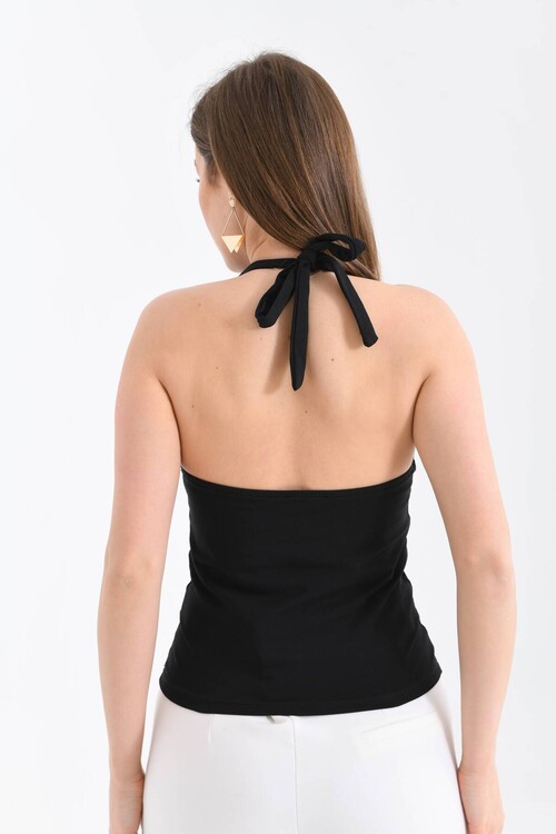 Kadın Siyah Boyundan Bağlamalı V Yaka Vücudu Saran Pamuklu Örme Bluz