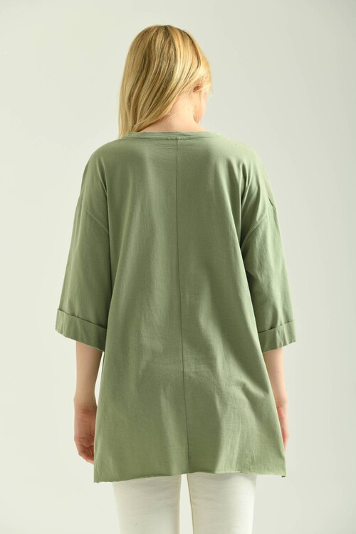 Mint Duble Kol Geniş Kesim Asimetrik Yırtmaçlı Örme T-Shirt