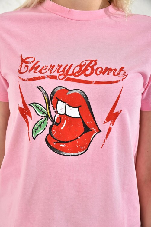 Pembe Bisiklet Yaka Baskı Detaylı T-Shirt