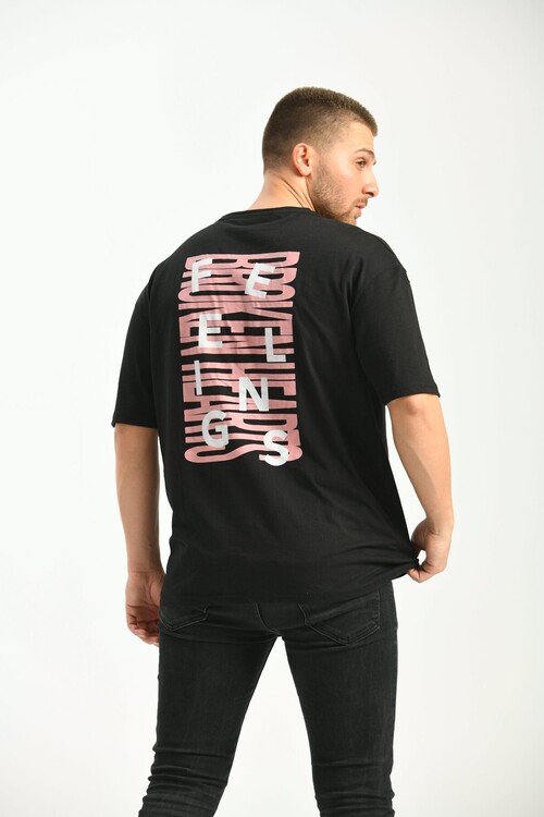 Siyah Bisiklet Yaka Kısa Kollu Sırt Baskılı Relaxed Fit T-Shirt