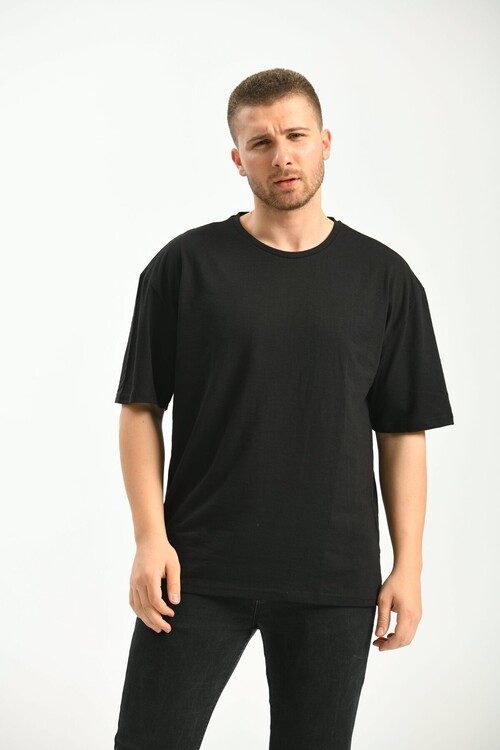 Siyah Bisiklet Yaka Kısa Kollu Sırt Baskılı Relaxed Fit T-Shirt