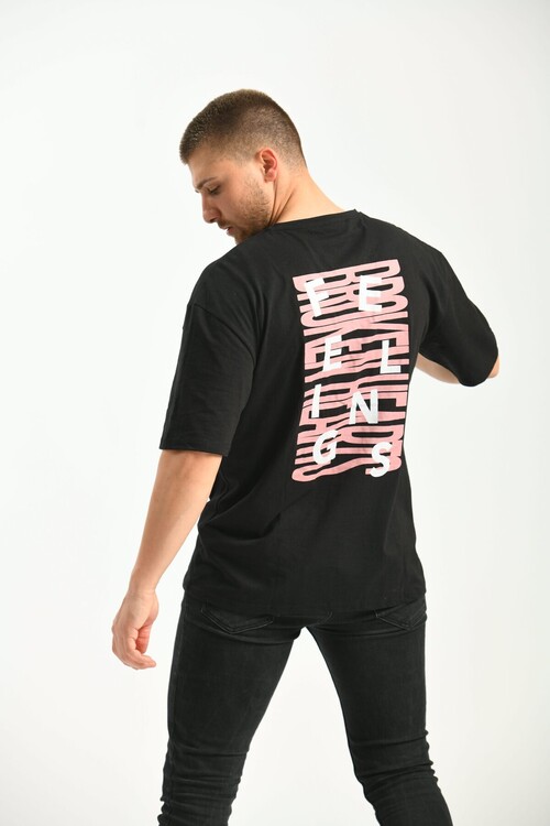 Siyah Bisiklet Yaka Kısa Kollu Sırt Baskılı Relaxed Fit T-Shirt