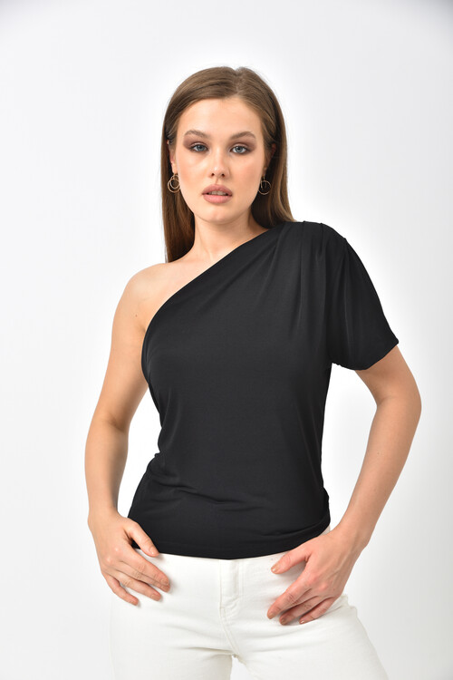 Black Boat Neck One Shoulder Sandy Fabric Blouse
