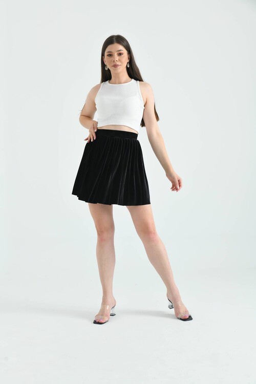 Black Pleated Elastic Detail Mini Velvet Skirt