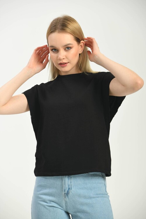 Black Bat Sleeve Crew Neck Knitted Blouse