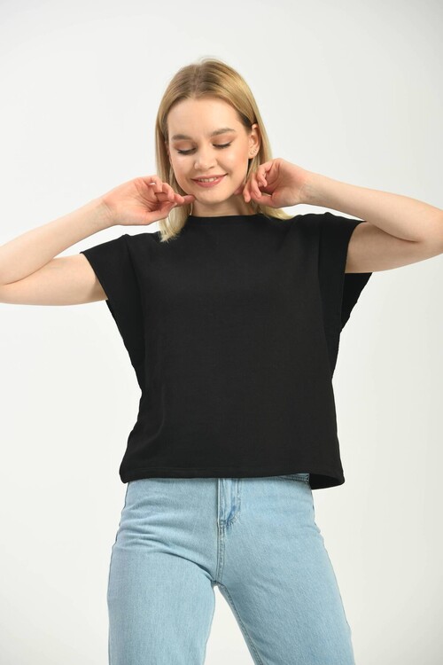 Black Bat Sleeve Crew Neck Knitted Blouse