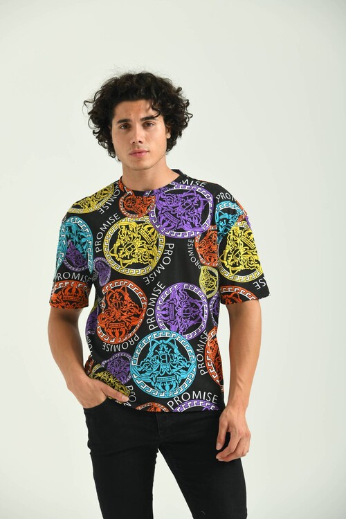 Siyah Yuvarlak Yaka Desen Baskılı T-Shirt