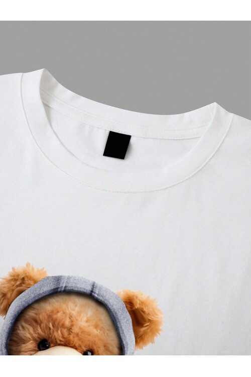 %100 Pamuk Beyaz Ayıcık Baskılı Bisiklet Yaka Tişört