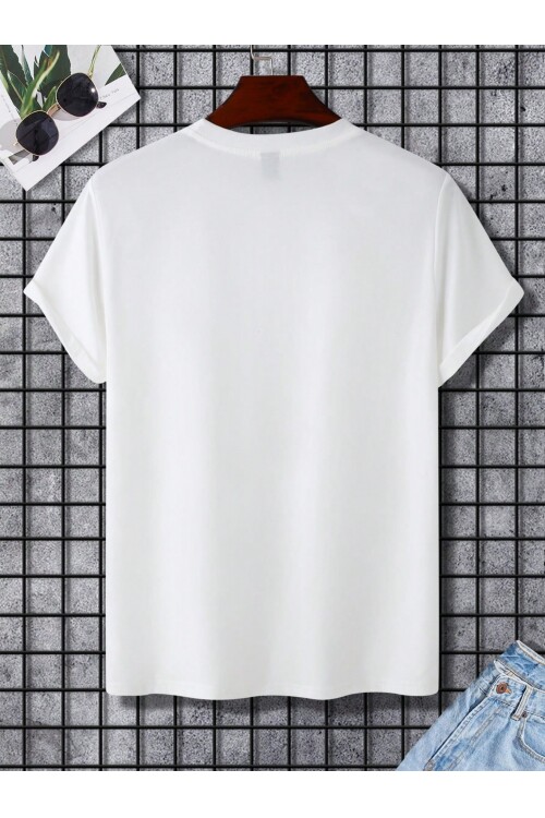 %100 Pamuk Beyaz Ayıcık Baskılı Bisiklet Yaka Tişört