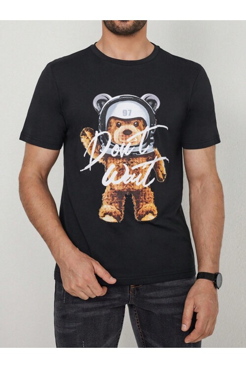 %100 Pamuk Siyah Dont Wait Ayıcık Baskılı Bisiklet Yaka Tişört