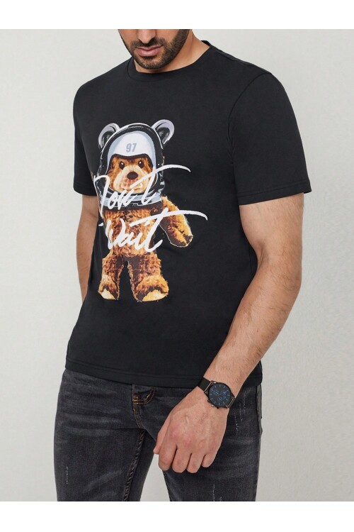 %100 Pamuk Siyah Dont Wait Ayıcık Baskılı Bisiklet Yaka Tişört