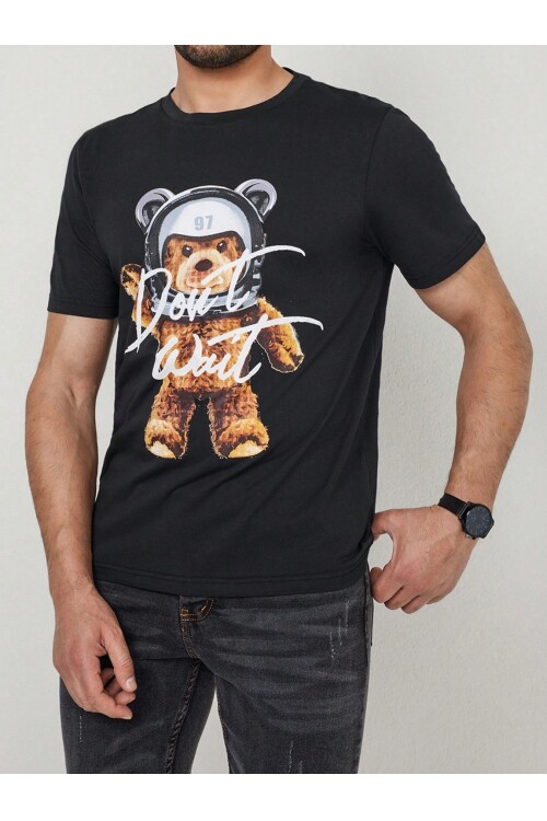 %100 Pamuk Siyah Dont Wait Ayıcık Baskılı Bisiklet Yaka Tişört