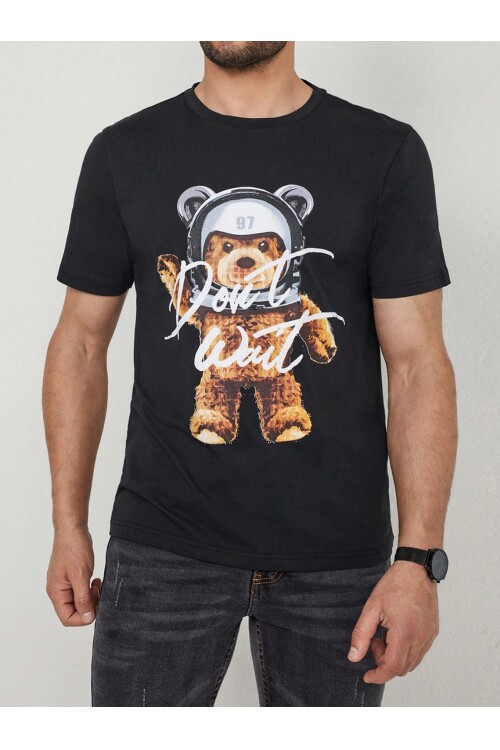 %100 Pamuk Siyah Dont Wait Ayıcık Baskılı Bisiklet Yaka Tişört