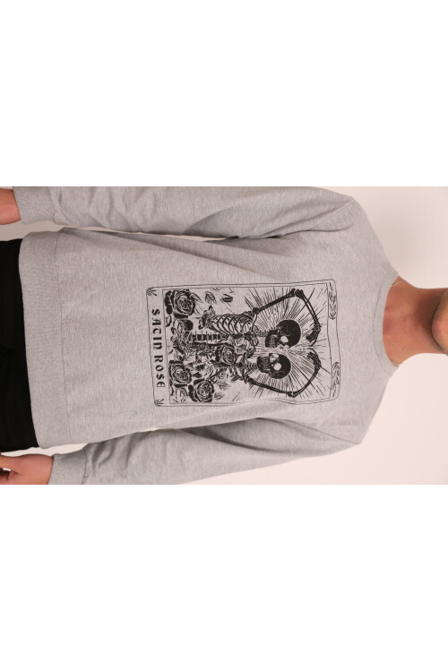 Açık Gri Önü Bisiklet Yaka Kalp Simgeleyen İskelet Baskılı Sacin Rose Uzun Kol T-shirt