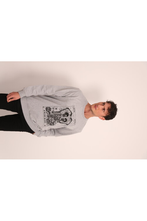 Açık Gri Önü Bisiklet Yaka Kalp Simgeleyen İskelet Baskılı Sacin Rose Uzun Kol T-shirt