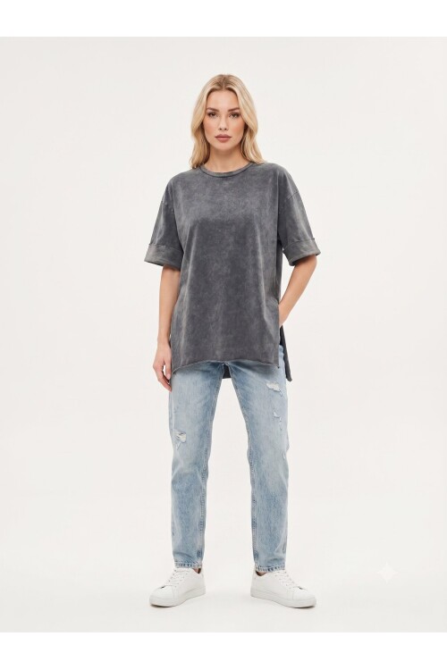 Antrasit Asit Yıkama Duble Kol Geniş Kesim Asimetrik Yırtmaçlı Örme T-Shirt