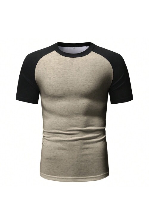 Bej Bisiklet Yaka Omuzları Siyah Garni T-Shirt