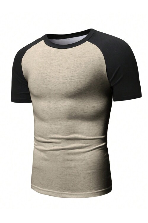 Bej Bisiklet Yaka Omuzları Siyah Garni T-Shirt