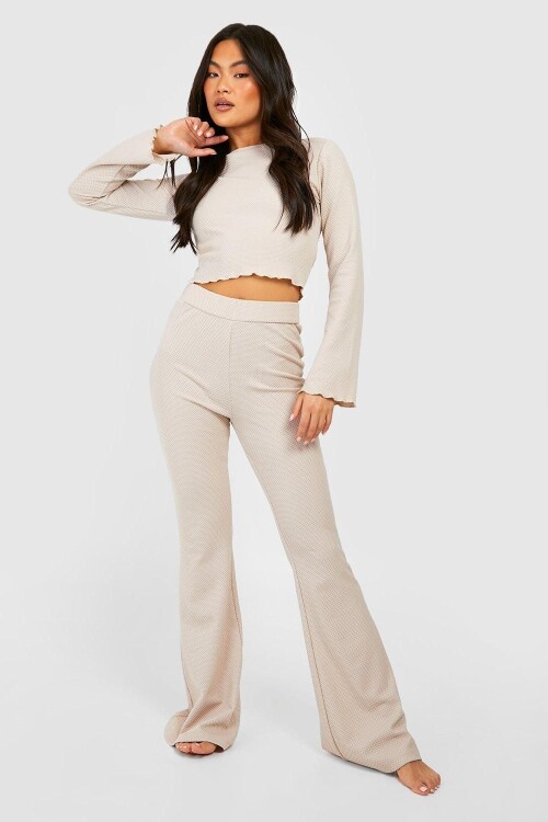 Bej Kadın Fırfırlı Detaylı Waffle-Rahat Kumaş Alt Üst Takım