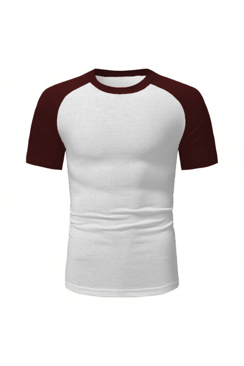 Beyaz Bisiklet Yaka Omuzları Bordo Garni T-Shirt