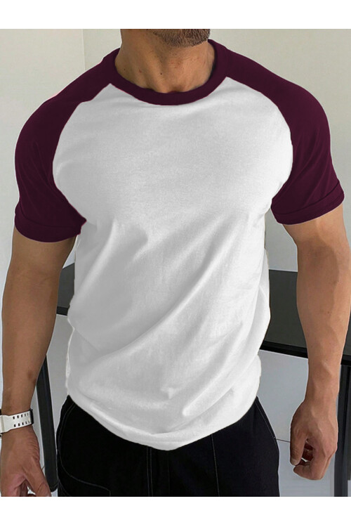 Beyaz Bisiklet Yaka Omuzları Bordo Garni T-Shirt