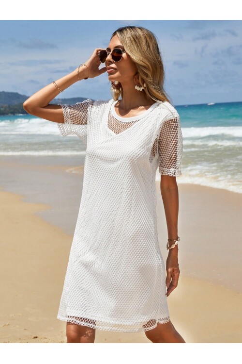 Beyaz Diz Üstü Astarlı ve Üstü File Detaylı Çok Kullanımlık Yazlık Elbise